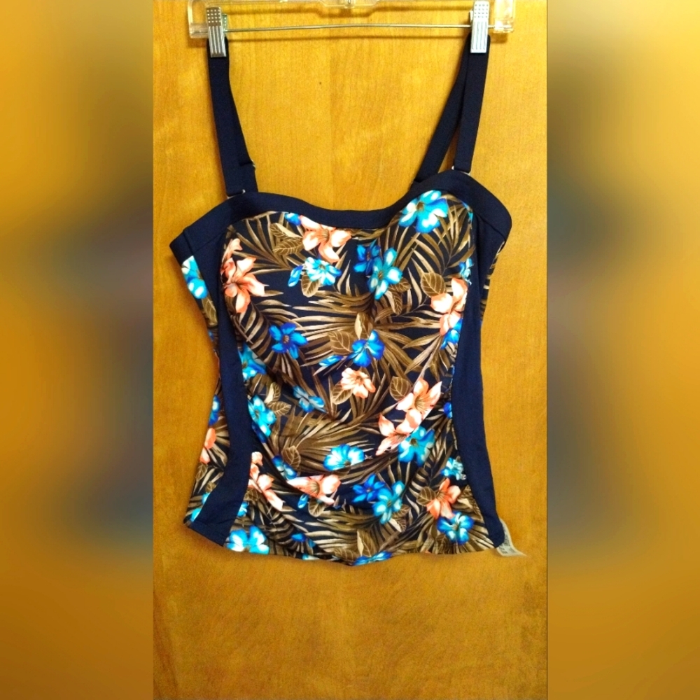 Lands' End Floral Tankini Top with Blue and Brown Hues